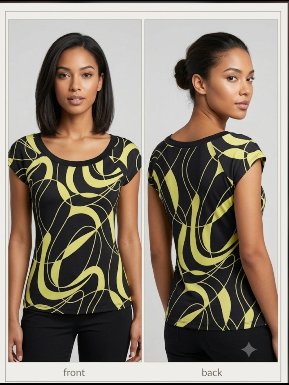 MKM Designs Abstract Goemetric Graphic Print Short Sleeve Blouse Top Black Lime